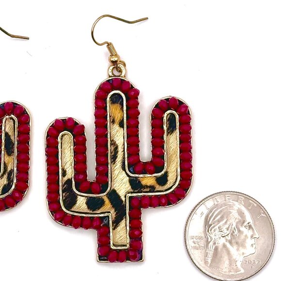 Red Crystal Beaded Leopard Animal Print Saguaro Cactus Southwest Dangle Earrings - Picture 3 of 5